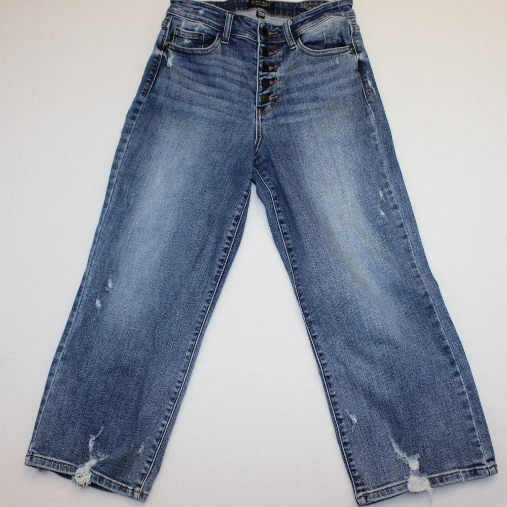 Judy Blue High Rise Wide Leg Distressed Button Fly Jeans Medium Wash 7/28